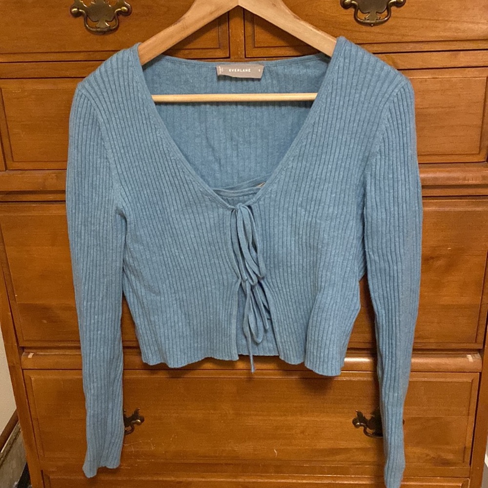 Everlane Slate Blue Ribbed Tie-Front Sweater